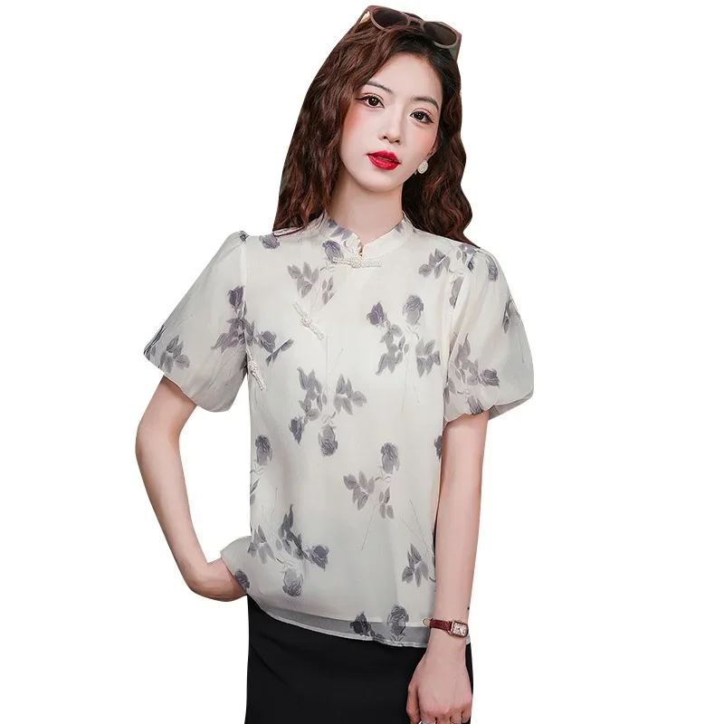Женская рубашка с водяным знаком в китайском стиле и воротником-стойкой коротким
