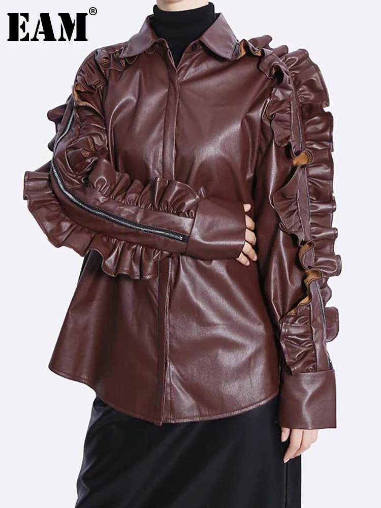 

[EAM] Women Ruffles Pu Leather Big Size Blouse New Lapel Long Sleeve Loose Fit Shirt Fashion Tide Spring Autumn 2022 1DF2359