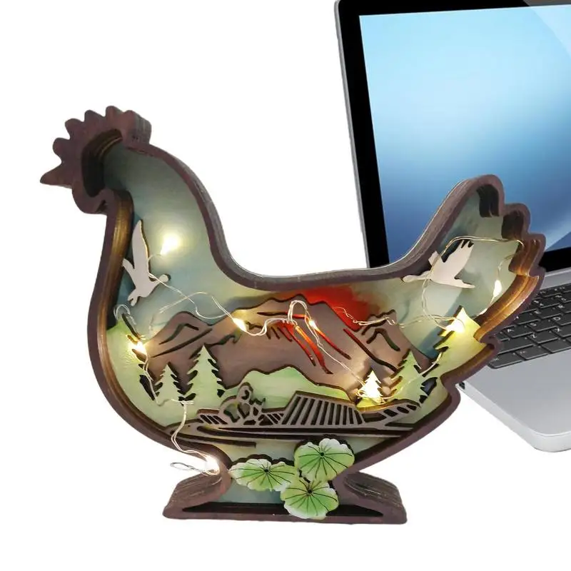 

Wooden Chicken Statue Light Up Animal 3D Wood Carving Hand-Craft Multi-Layer Hollow Carving 3D Chicken Ornaments For Home