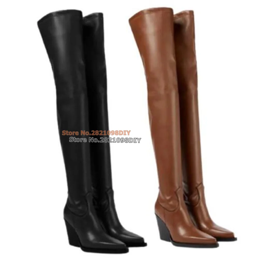 

Brown Black Leather Bottes Hautes En Noir High Heel Over The Knee Women Winter Long Thigh High Boots Plus Size 35-45