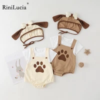 rinilucia newborn baby girl boy cute dog paw print romper with bone hat fashion sleeveless cotton romper for kids infant