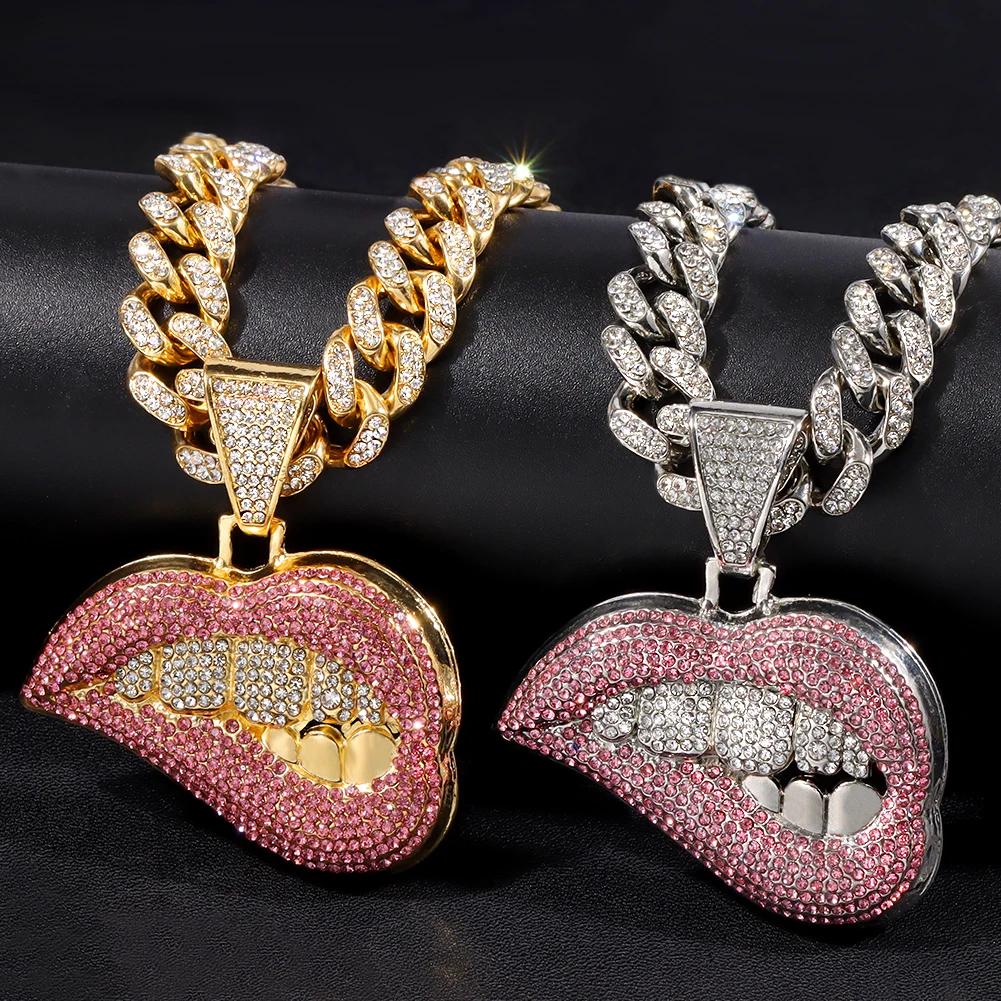 

Hip Hop Bite Lip Shape Pendant Necklace for Men Women Iced Out Bling Crystal Cuban Link Tennis Chain Necklaces Fashion Jewelry