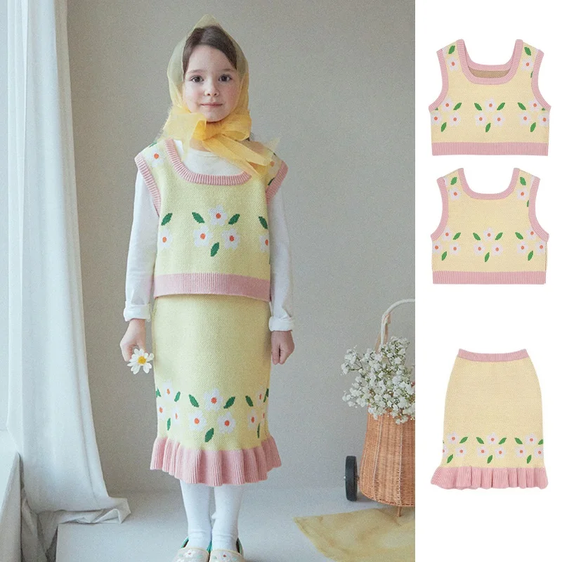 

Жилет для девочек, Новинка весна-лето 2022, вязаный жилет для девочек, юбка для девочек с принтом, хлопковая одежда для малышей, костюм для дево...