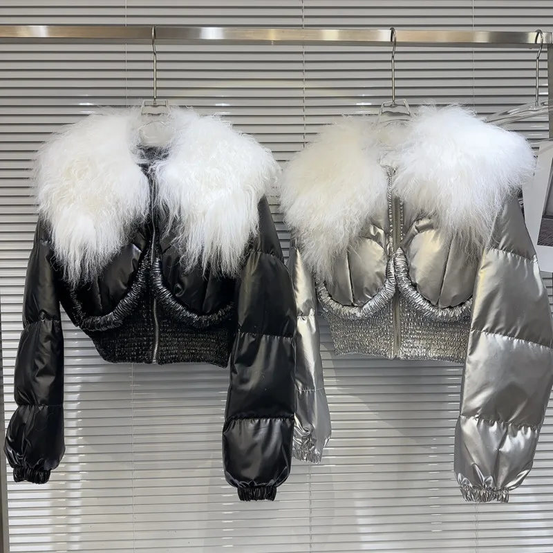 

PREPOMP 2023 зимняя новая коллекция овечья шерсть воротник яркий материал теплый белый утиный пуховик Женское пальто GM265