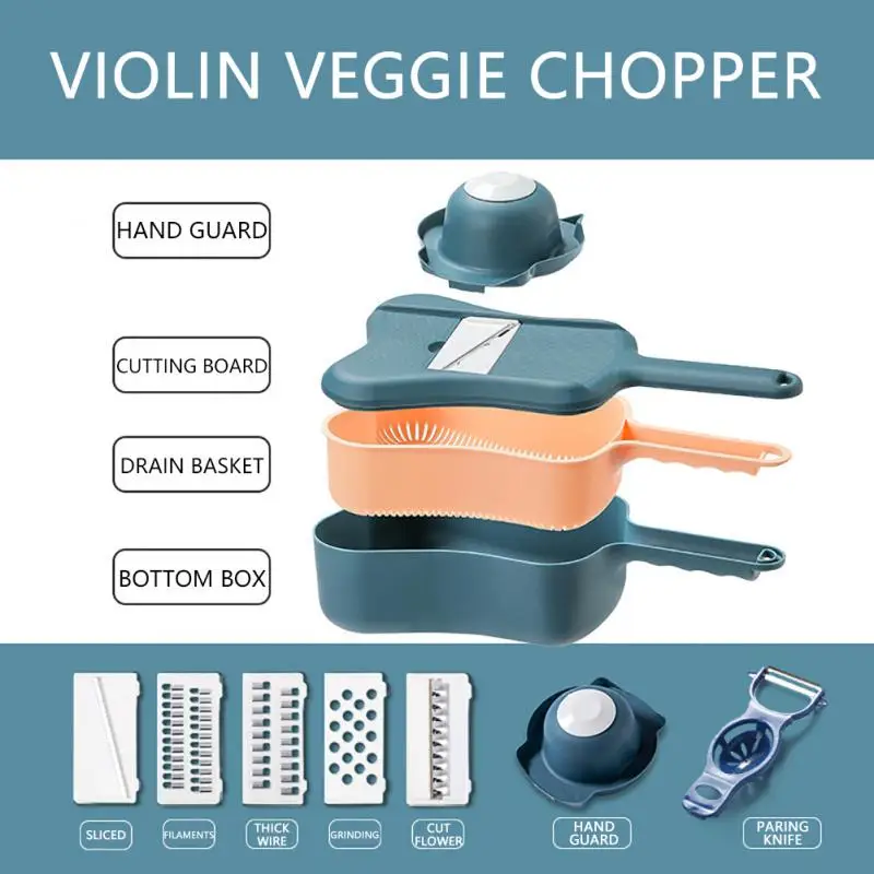

Multifunctional Grater Violin Shape Vegetable Cutter Grater Vegetable Cutter 11 in 1 With Drain Basket Vegetables Cutting Tools