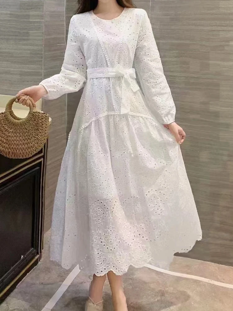 

Elegant Round Neck Long Sleeved Hollowed Out Dress Slimming And Slimming 2023 New Fashionable Women'S Clothing