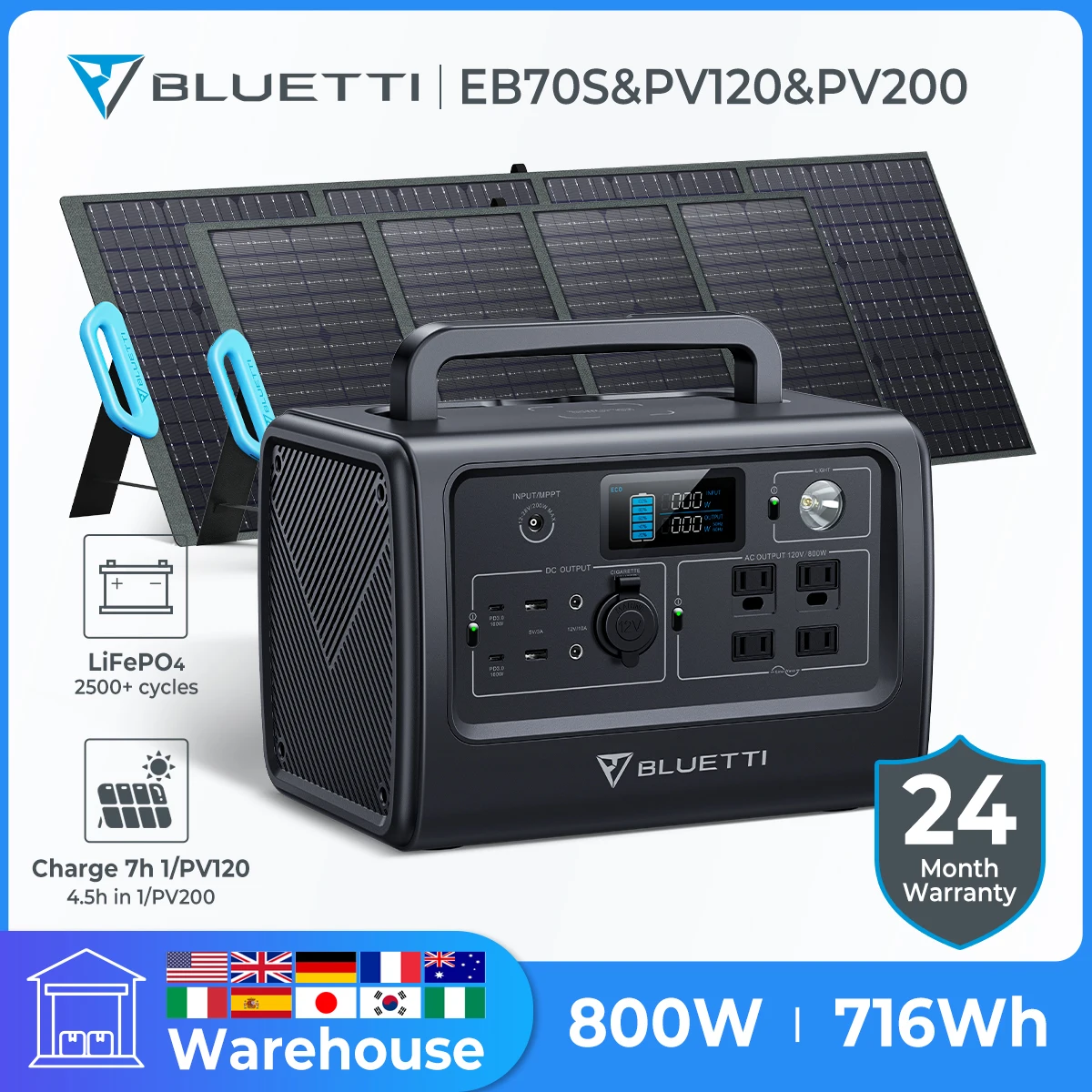 

BLUETTI EB70S портативная электростанция 800 Вт/1000 Вт 716втч солнечный генератор с солнечной панелью 120 Вт 200 Вт LiFePO4 резервная батарея Off-Grid