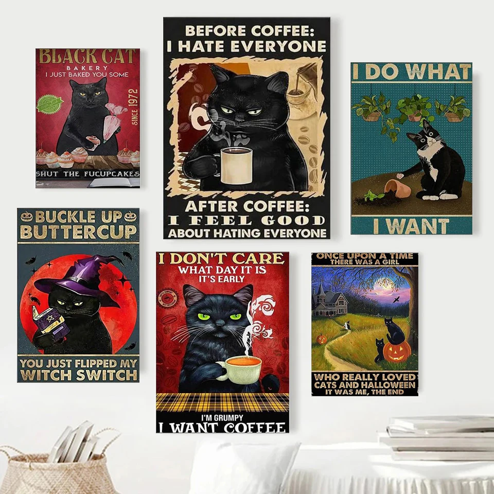Креативная Картина на холсте с мультяшным черным котом плакат и принты Настенная