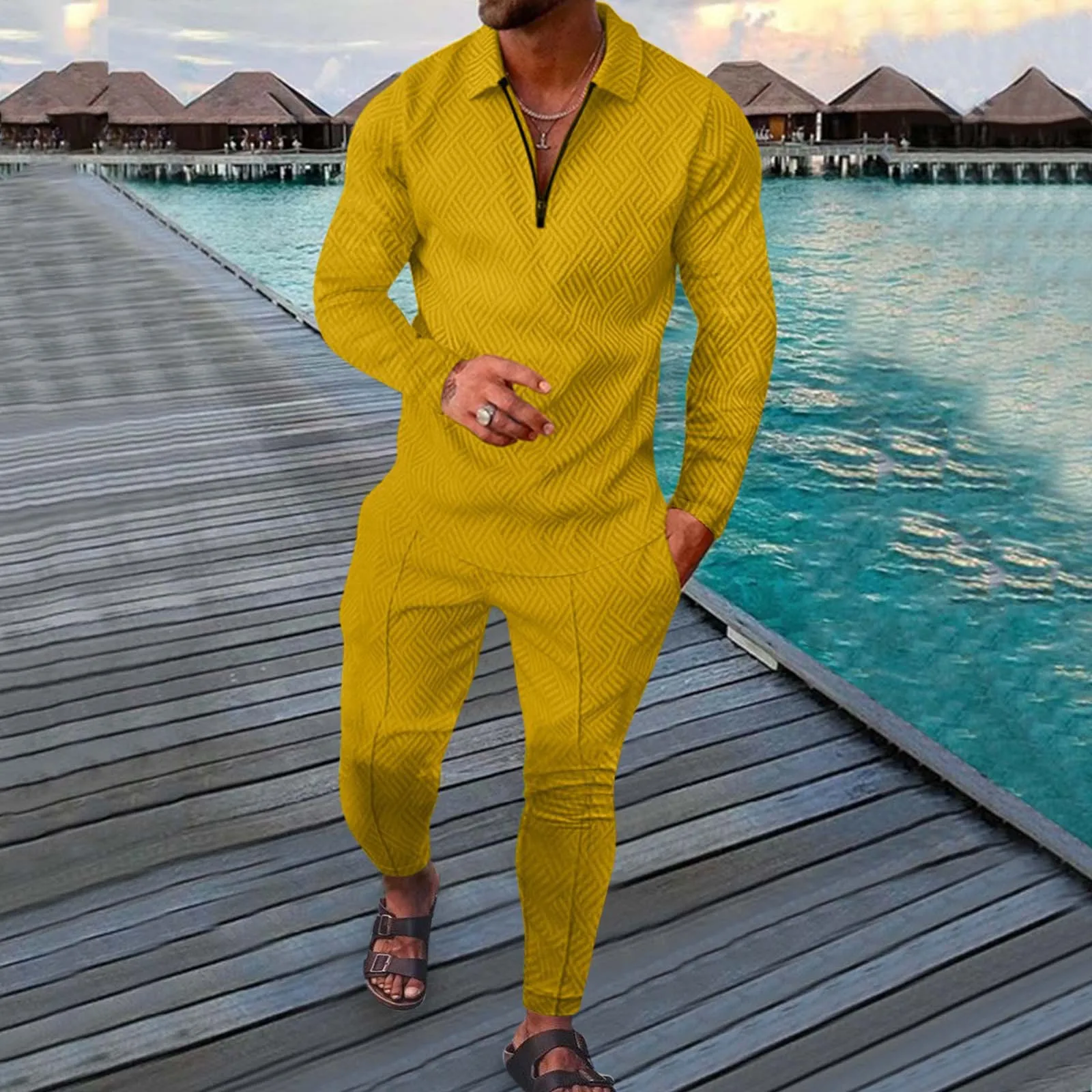 

2023 Spring Men's New Men's Printed Long Sleeve Trousers Sports Casual Suit