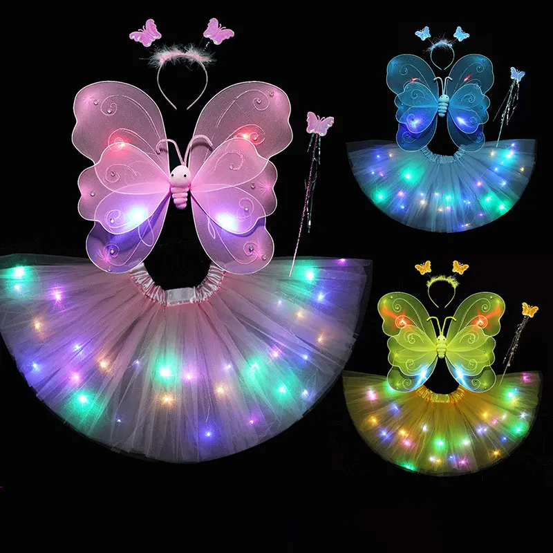 

Butterfly Sequin Wings Glowing Mesh Tutu Skirt Glow Girls Birthday Party Dress Up Baby Shower Decorations Kids Costume Props