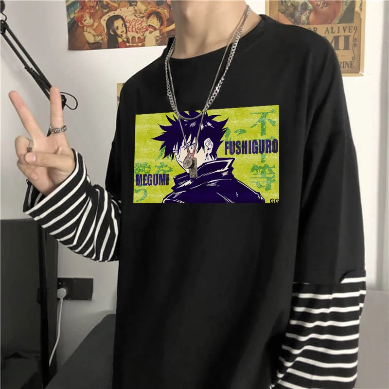 

Harajuku Anime Jujutsu Kaisen Fushiguro Megumi Poster Men's Tshirt Unisex Korean Long SleeveT Shirt Oversized Fake Two T-shirt