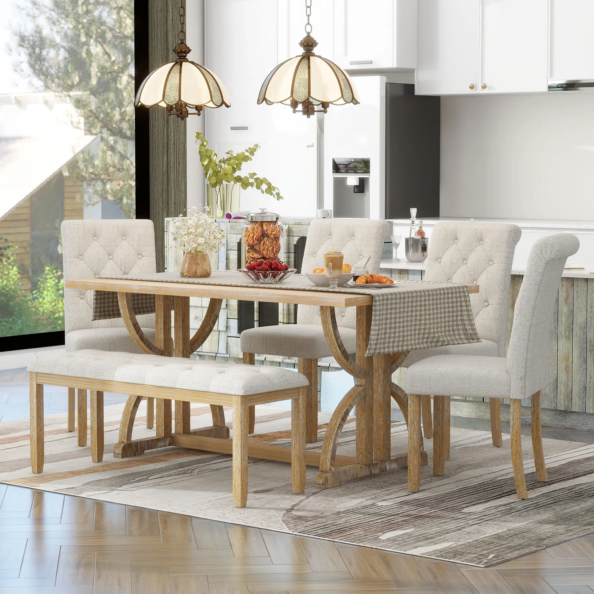 

Набор из 6 предметов прямоугольного обеденного стола в стиле ретро со столом, 4 мягкими стульями, 1 скамейка для столовой, стирка из натурального дерева