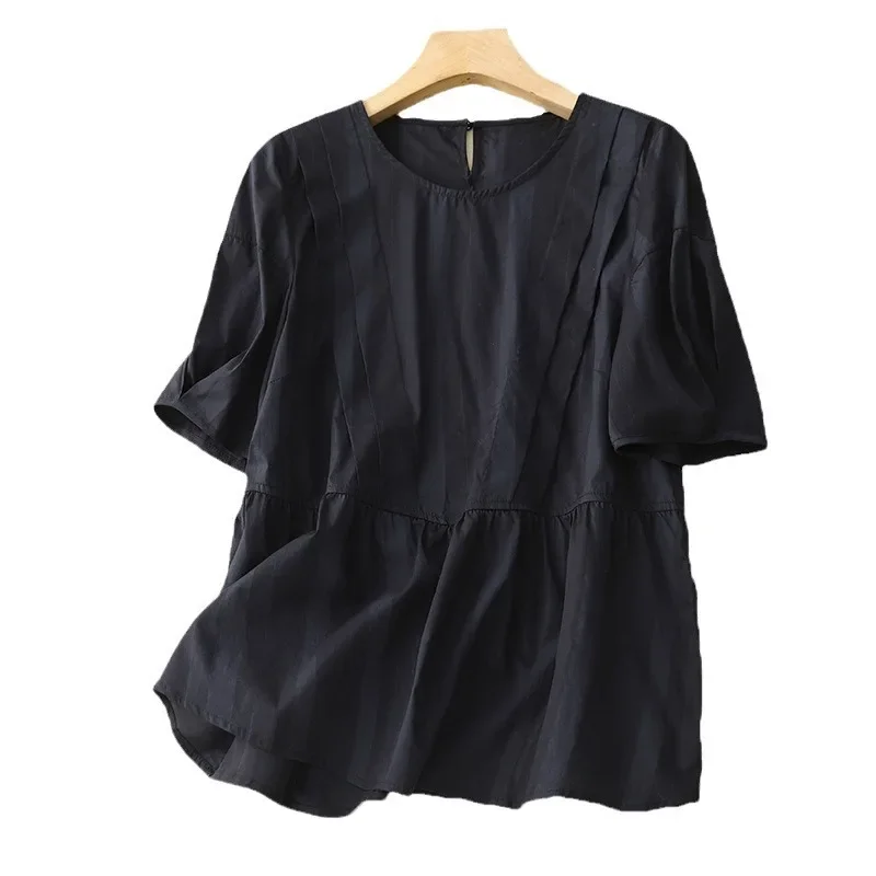 Женская хлопковая рубашка с коротким рукавом уменьшающая возраст круглым