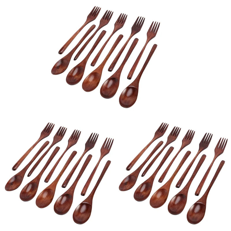 

30 Pcs Wooden Spoons Forks Set Wooden Utensil Set Reusable Natural Wood Flatware Set For Cooking Stirring Eating