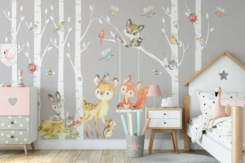 

Woodland Nursery Décor 6 Birch Trees Forest Animals Fox Deer Raccoon Bunny Wall Decal Neutral Boy Girl Baby Room