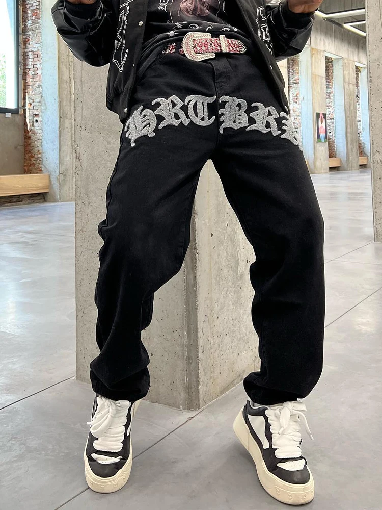Letter Embroidered Men Straight Jeans High Waist Baggy Denim Trousers High Street Loose Wide Leg Long Pants New Punk Streetwear