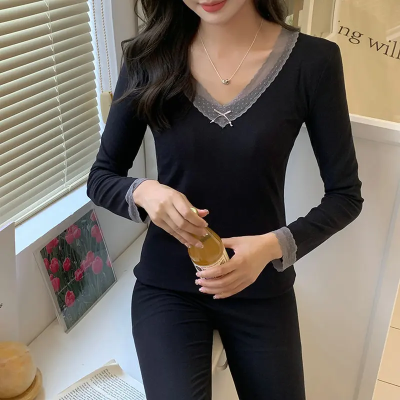

2022 Winter Women Cosy Comfort Thermal Underwear Sets Grey Black Beige Lace Neck Top And Pant 2 Pieces Suit Set Twinset Pajamas