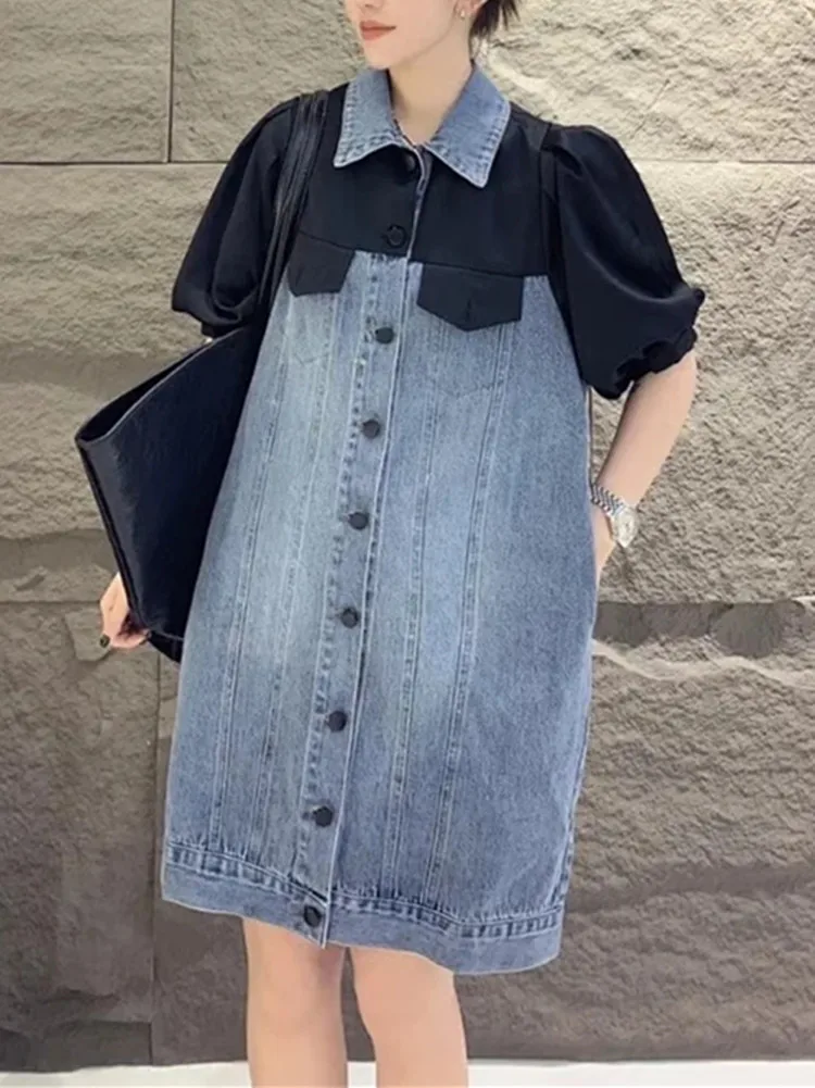 

Stitching Fake Two-Piece Women Denim Dress 2022 Summer new Puff Sleeve Single Breasted Turn-down Collar Fashion lady Mini Robe