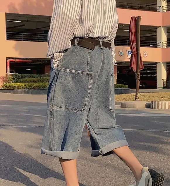 Summer Denim Shorts Men's High Street Jeans Wide Leg Calf-Length Pants Big Pocket Casual Straight Jeans