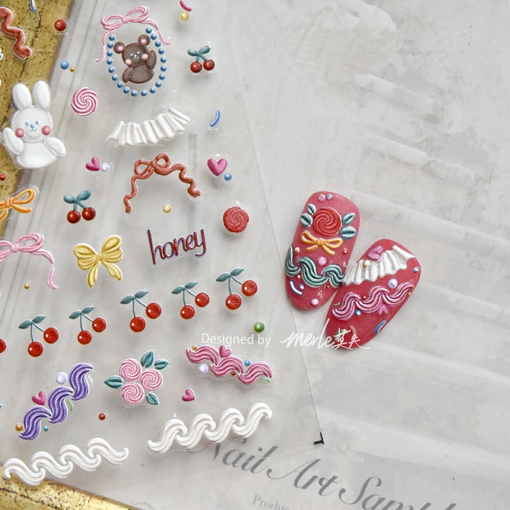 

Cherry Bear Cute Decals for Nails Transfer Cartoon Stickers Press on Nails Decorations Embossed Japanese Korea Manicura
