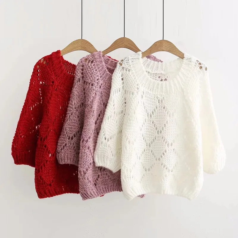 

Loose Hollow Japanese College Wind Sweater Women Short Long-sleeved Thin Large Solid Round Neck Pullover Jumpers Female