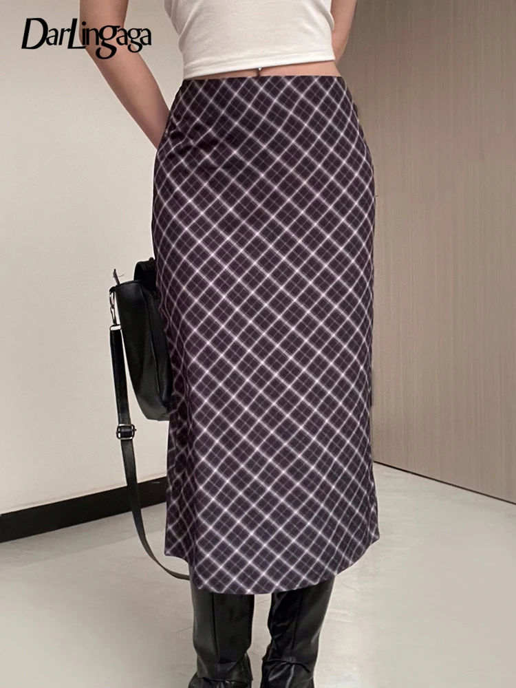 

Darlingaga Retro Fashion Straight High Rise Plaid Skirt Women Harajuku 90s Aesthetic Midi Skirt Elegant Checkered Ladies Outfits