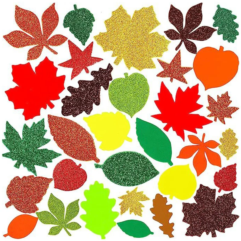 

100pcs Glitter Autumn Fall Maple Leaves Foam Self-Adhesive Stickers Thanksgiving Day Favors Party DIY Crafts Decorations For Kid