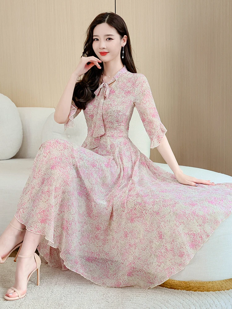 

Летняя одежда, платья для женщин, длинное женское винтажное элегантное шифоновое платье с цветочным принтом для пляжа и отпуска, облегающее модное платье миди для выпускного вечера, 2023