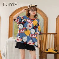 caiyier new 2022 summer cartoon cotton pajamas for women short sleeve shorts girls nightwear cute casual simple loungewear m 2xl
