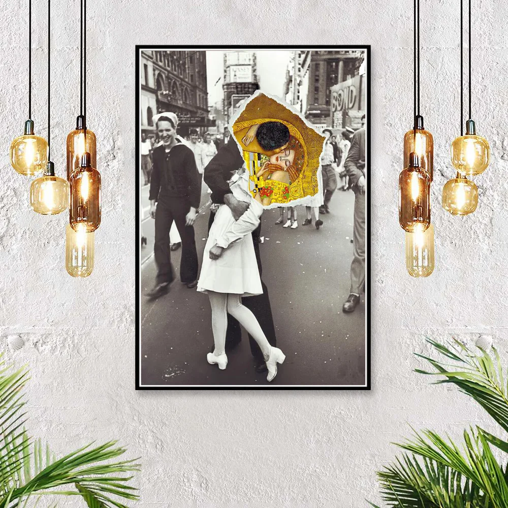 

Funny Collage Art Prints Classic Famous Photo Kiss In Time Square Wall Poster Pictures On Canvas Painting For Living Room
