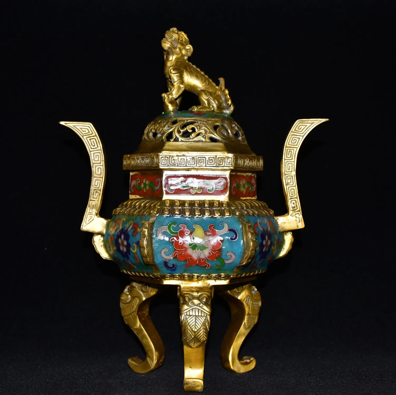 

Коллекция тибетских храмов 12 дюймов, оригинальная Шестигранная бинауральная горелка для благовоний в виде старого родственника, Льва, с тремя ножками, украшение для городского дома