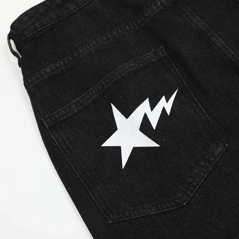 Baggy Jeans Streetwear Hip Hop Jeans Smile Face Star Men Black Blue Loose Straight Denim Pants Luxury Designer Harajuku Jeans