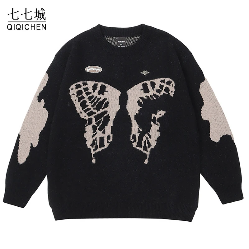 

Мужские вязаные свитера оверсайз с рисунком бабочки, уличный джемпер в стиле Харадзюку, стиль унисекс, хип-хоп, ретро, повседневная искусств...