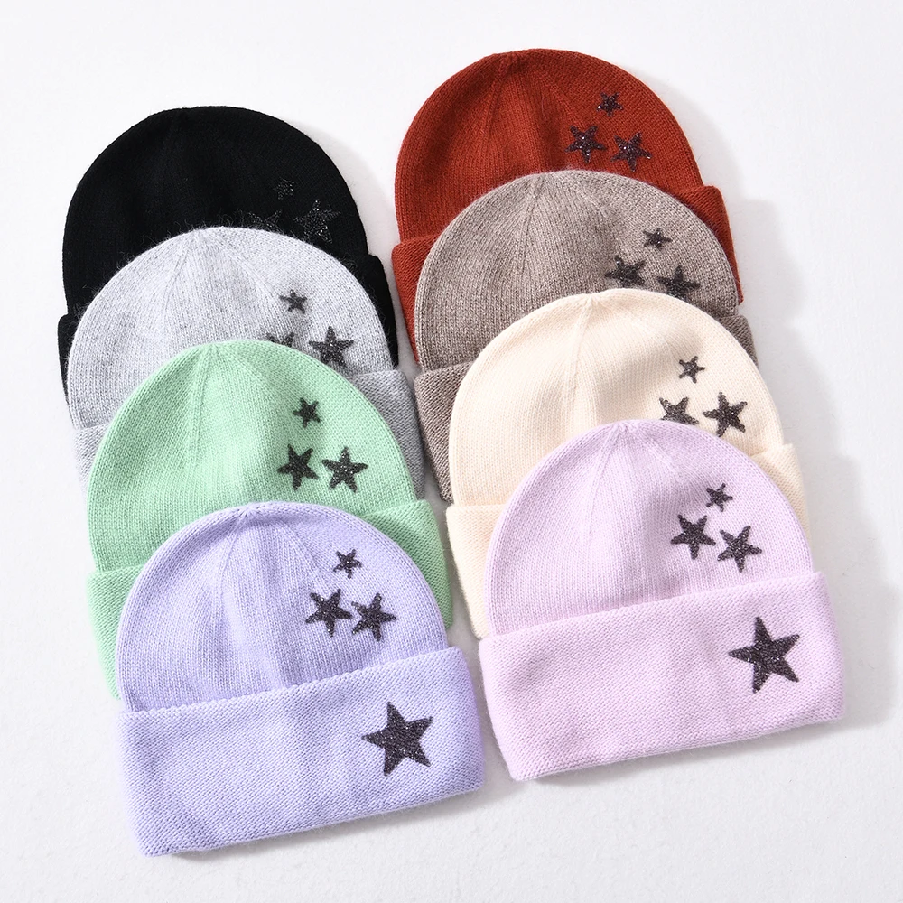 Jaxmonoy Women Winter Beanie Hat Natural Cashmere Knitted Hat Ladies Autumn Solid Color Warm Bonnet Rhinestone decoration