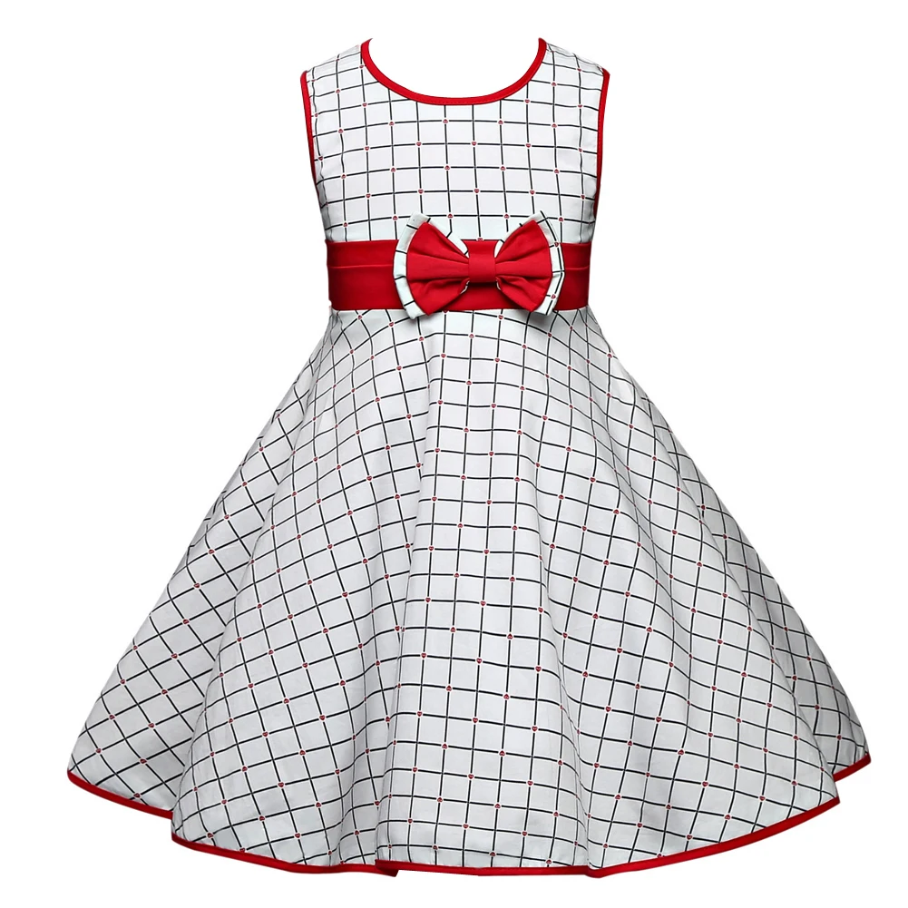 

Girls Retro Dress Dots Latticed Bow Belt Sleeveless O-Neck Kids Daliy Clothing Summer Vintage Children School Home Wear