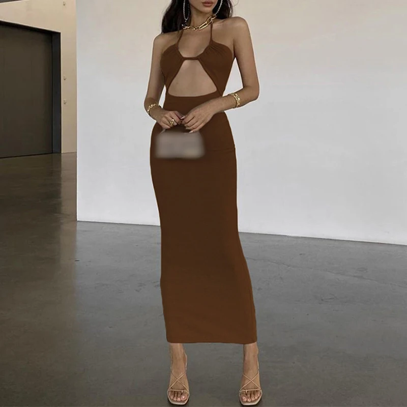 

Элегантное сексуальное коричневое платье макси с лямкой на шее, без рукавов, с глубоким вырезом, цельное платье для женщин Вечерние вечерне...