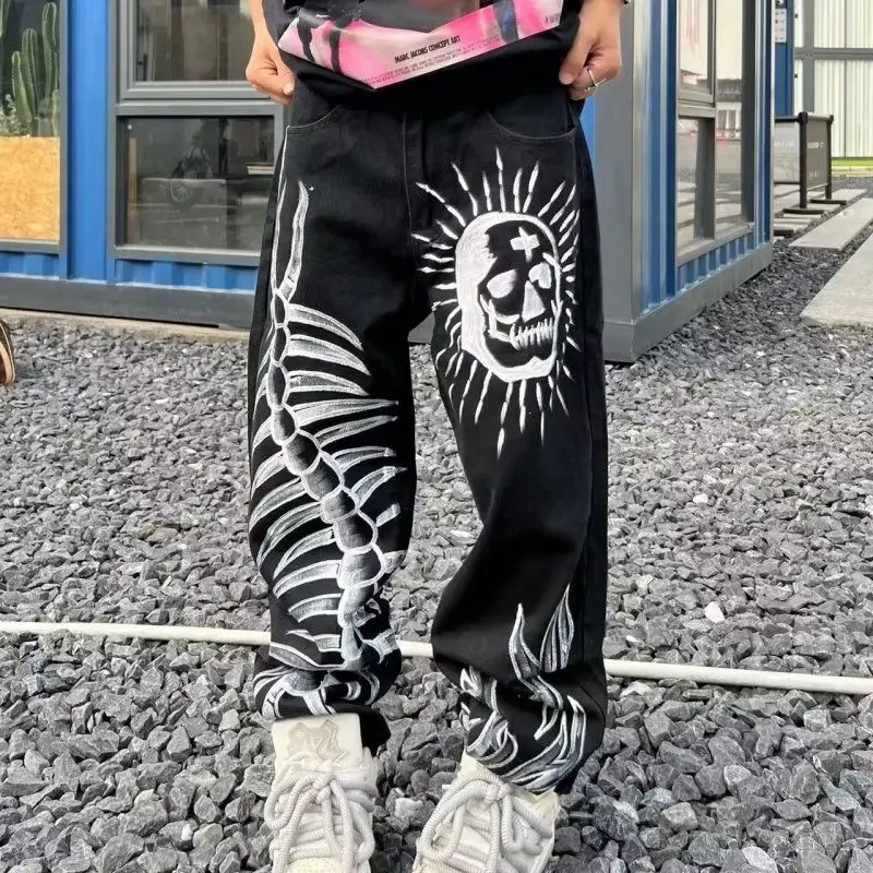 

Graffiti skull personality printed jeans for men and women new Instagram trend street hip hop straight leg loose pants