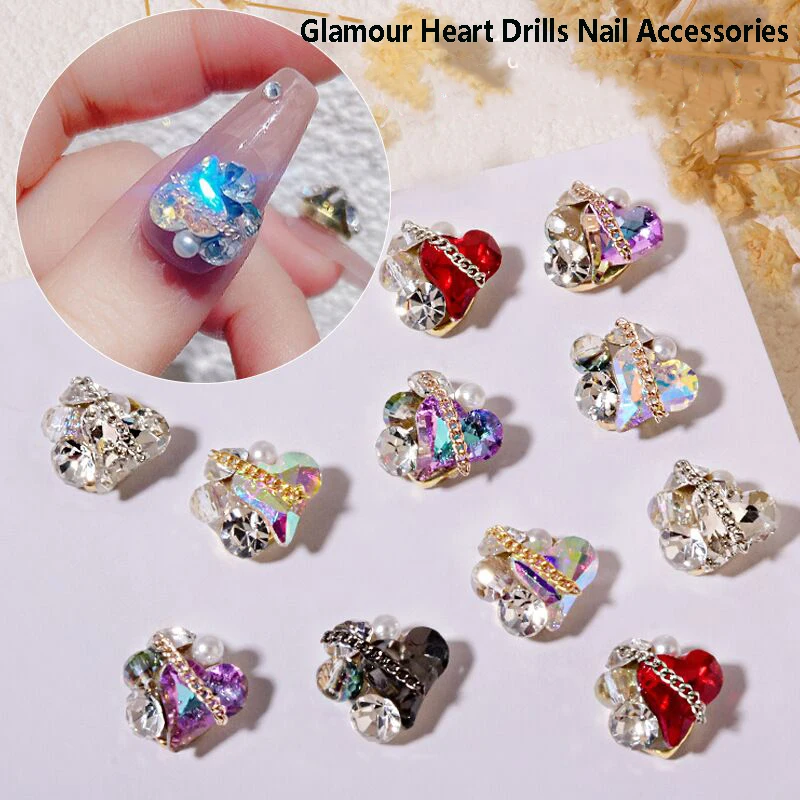 

5 Pcs 2022 New Nail Art Jewelry Love Gems Rhinestones Stereo Stacking Charm with Metal Chain Nail Tip Art Accessories
