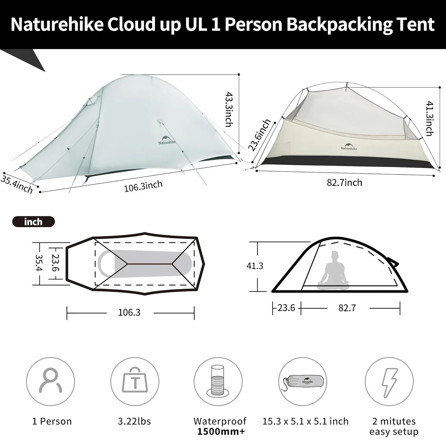 Палатка TechHP Naturehike Cloud Up UL для 1-2 человек, ультралегкая, двухслойная, водонепроницаемая, для кемпинга и походов (art.: 3920db314d8f9) - 3920db314d8f9