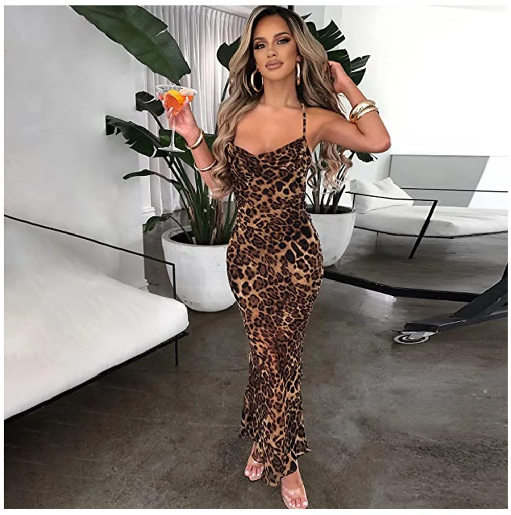 

Summer leopard print suspender maxi dress,Floral Print Skinny Dress Sexy Sling Open Back Heavy Pleated Neck Long Beach Dress