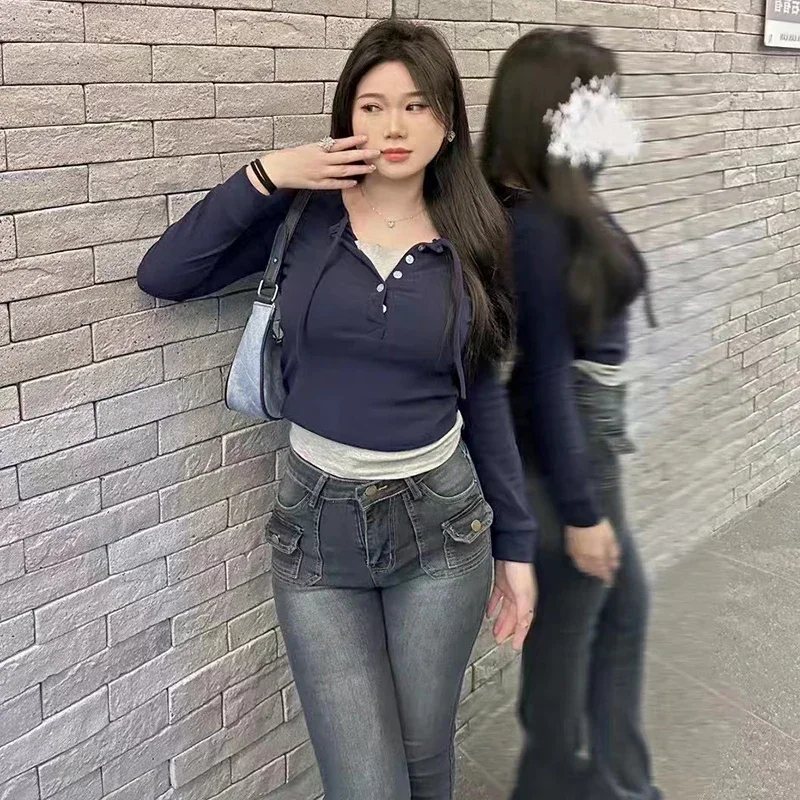 Y2K Fake Two Piece T-Shirt Women Fashion Patchwork Aesthetic Crop Tops Female Spring Summer Slim Fit Long Sleeve Tees