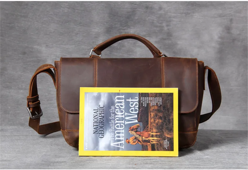 Vintage natural crazy horse cowhide men's official document postage bag high quality genuine leather handbag work satchel youth