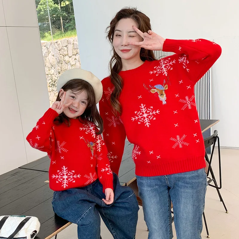 

Mother Daughter Matching Sweater Christmas New Year 2023 Parent-Child Clothes Winter Autumn Mommy And Me Knit Tops Kids Knitwear