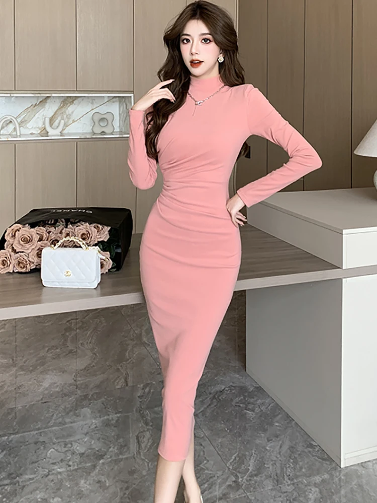 

Women Pink Knitted Pleated Bodycon Long Dress Autumn Winter Turtleneck Thick Warm Sweater Dress 2023 Korean Elegant Casual Dress