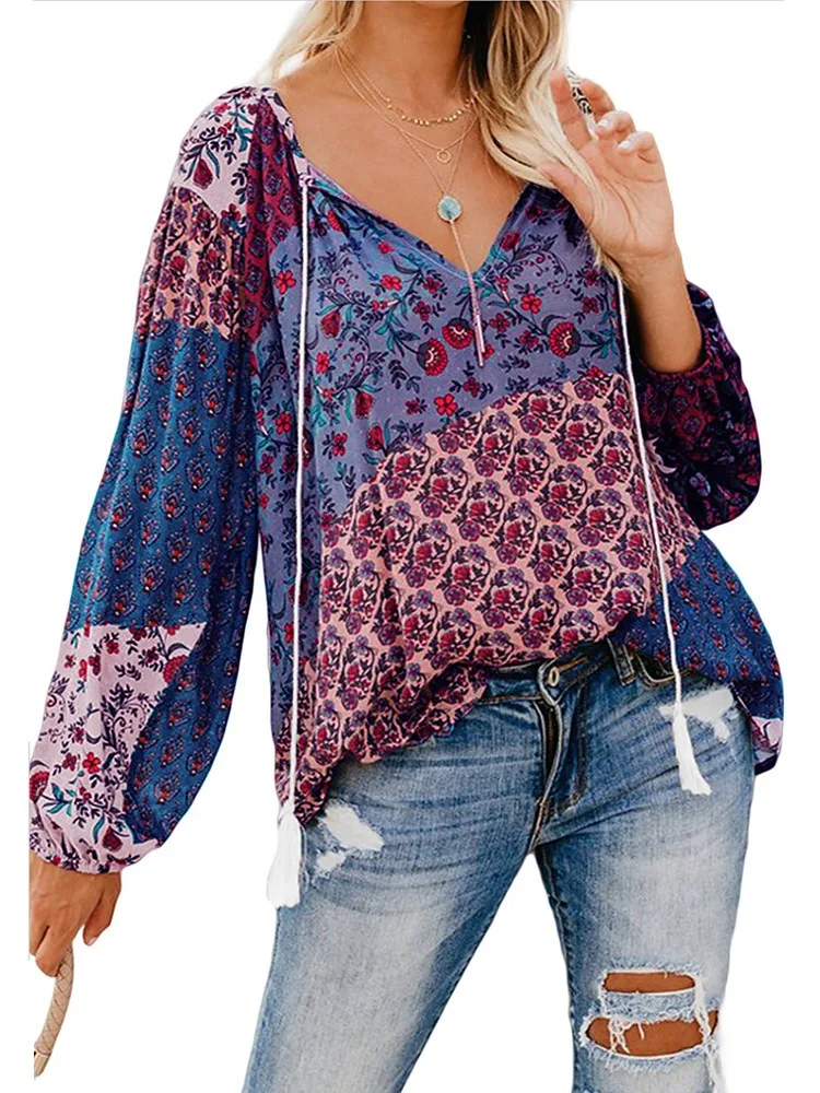 

Women's shirts New Plus Size Floral Print Big V Neck Loose Tassel Drawstring Pullover Chiffon Lantern Long Sleeve Blouses