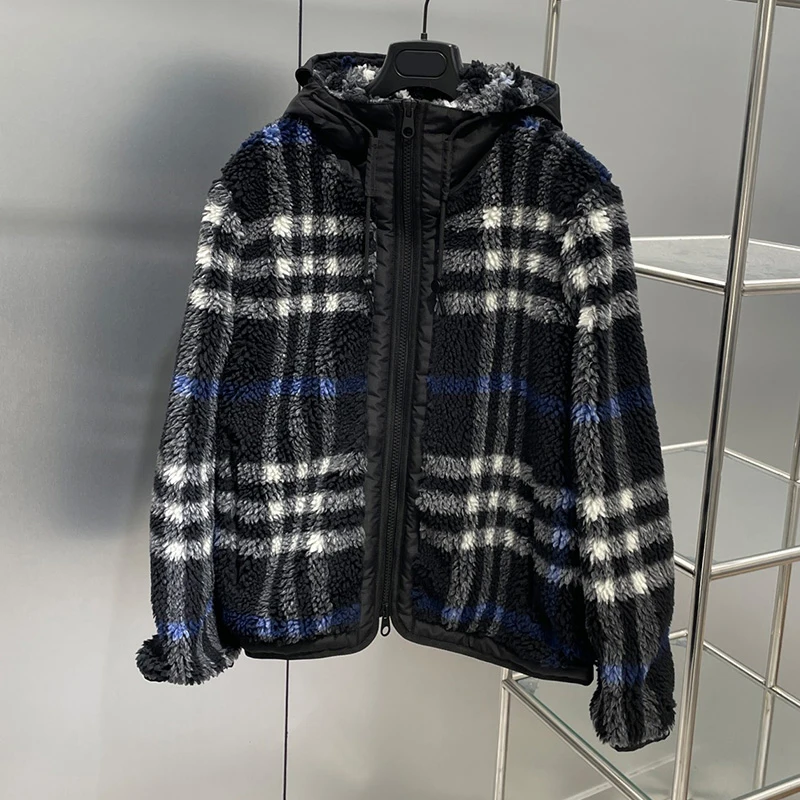 

22 Autumn Winter Pile Jacket Women Turtleneck Hooded Front Zip Color Contrast Plaid Coat Mesh Lining Casual Thicken Warm Outwear