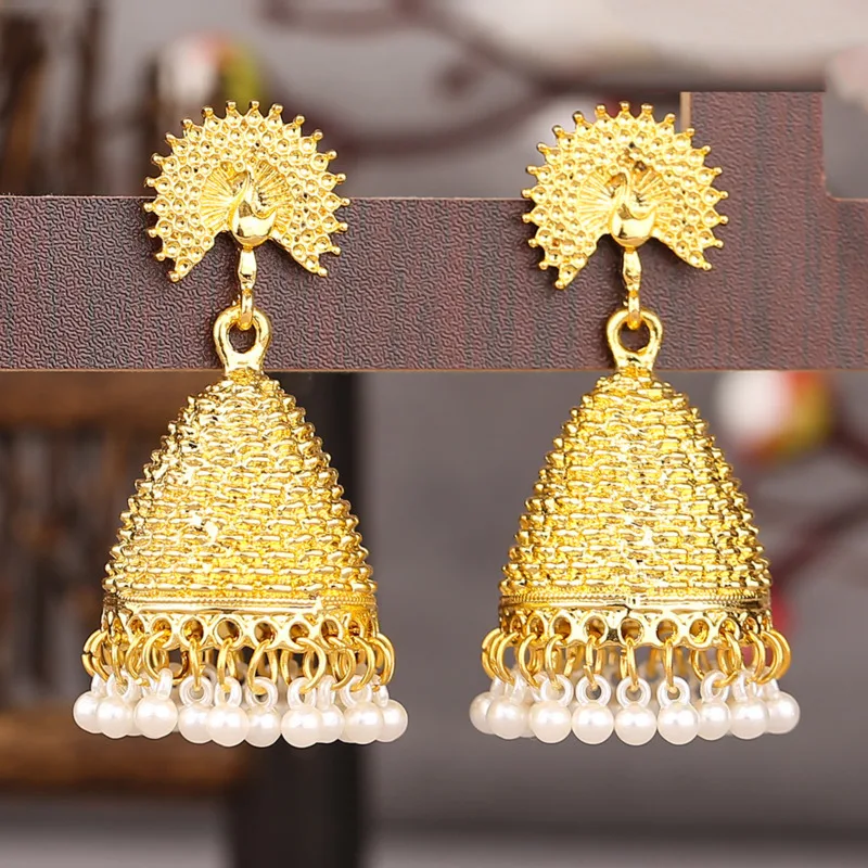 

Retro Indian Peacock Earrings Jewelry New Design Antique Gold Color Alloy Statement Vintage Ethnic Bell Earrings For Women 2022