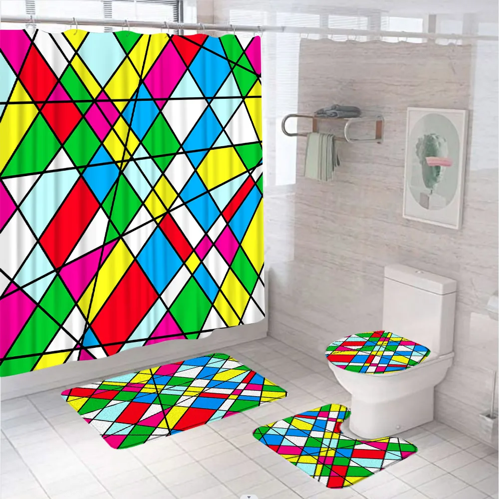 

Абстрактная Геометрическая клетчатая занавеска для душа, набор цветных современных нескользящих ковриков для экрана, чехол для унитаза, коврики для ванной, тканевые занавески для ванной комнаты