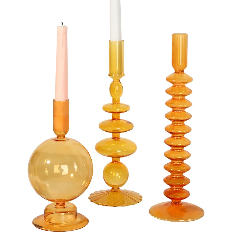 Nordic Orange Glass Taper Candle Holder Creative Home Decor Wedding Party Dinner Candlelight Decoration Living Room Candlestick