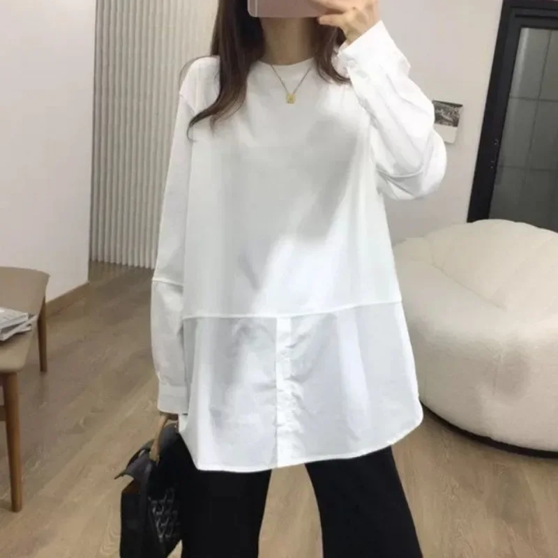 Белые футболки женские в стиле пэчворк весна осень свободные с длинным рукавом
